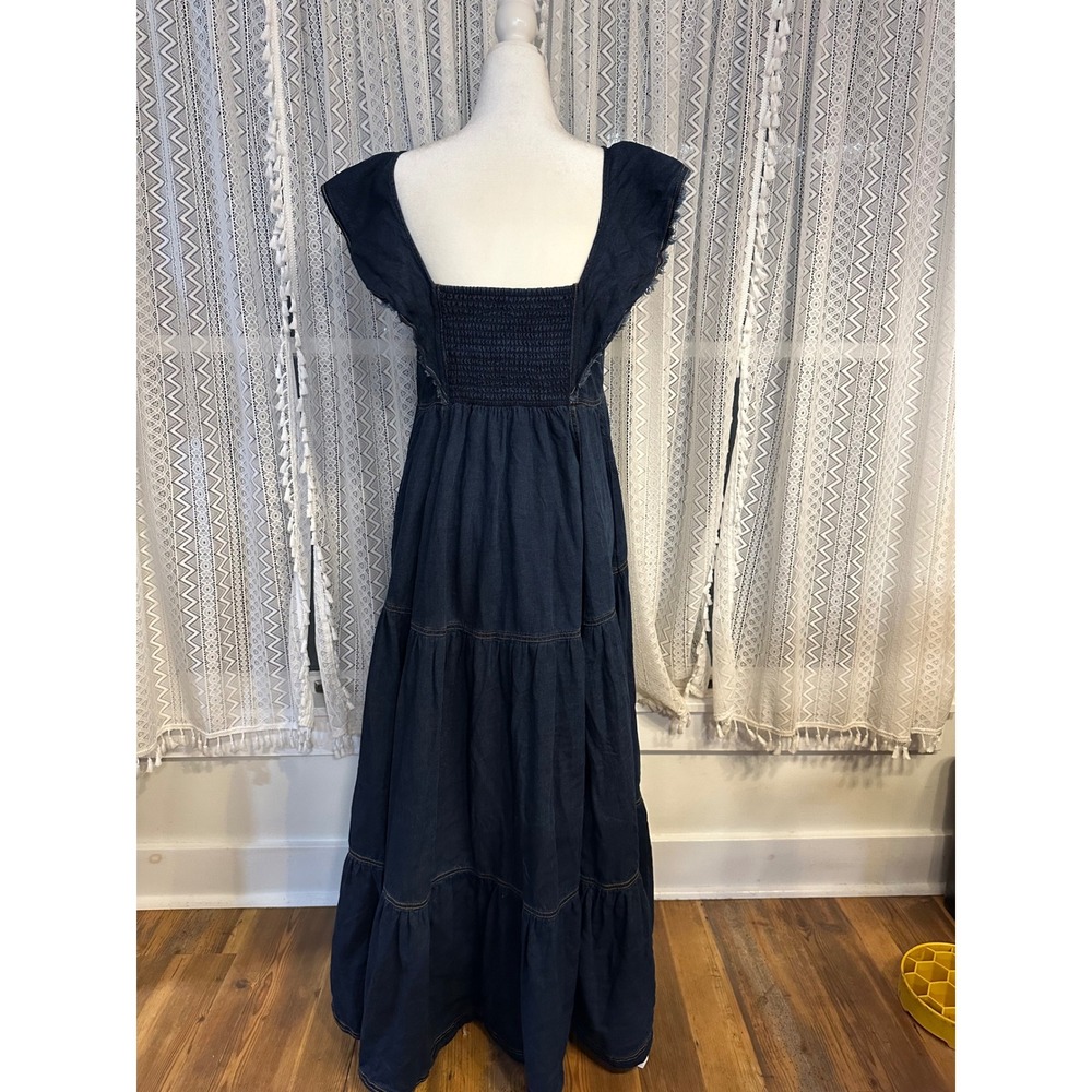 Pilcro Anthropologie Denim Ruffle Maxi Dress Indigo Blue Tiered Smocked Large - Picture 3 of 8